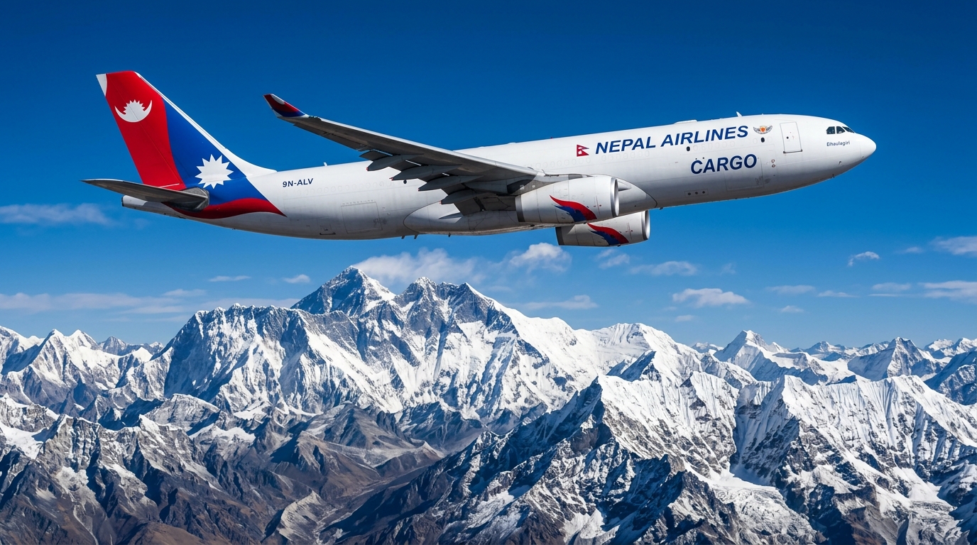Commercial cargo airplane soaring above the snow-capped Himalayan mountains in Nepal