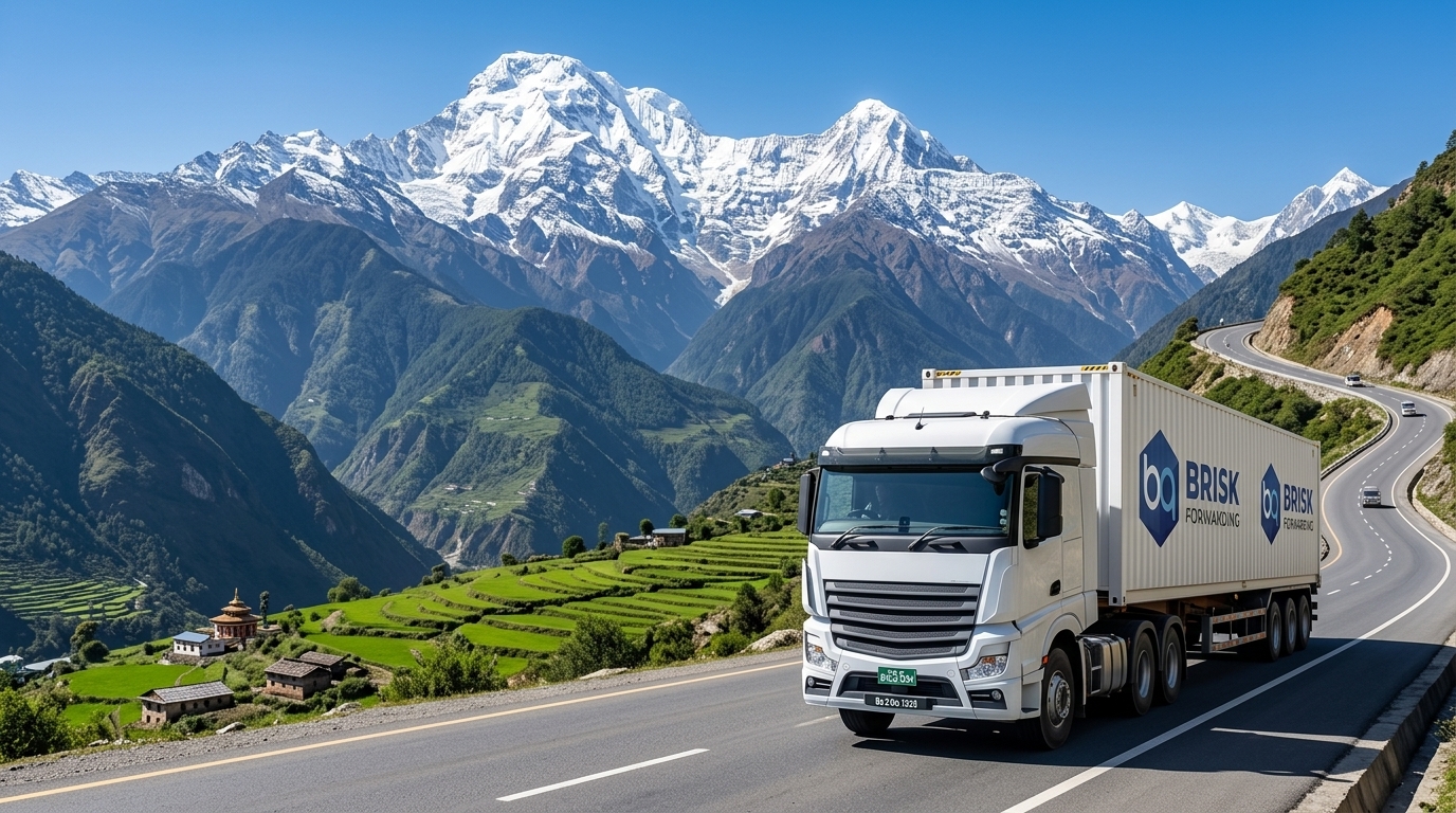 Heavy freight cargo truck carrying shipping containers across scenic Himalayan mountain highways