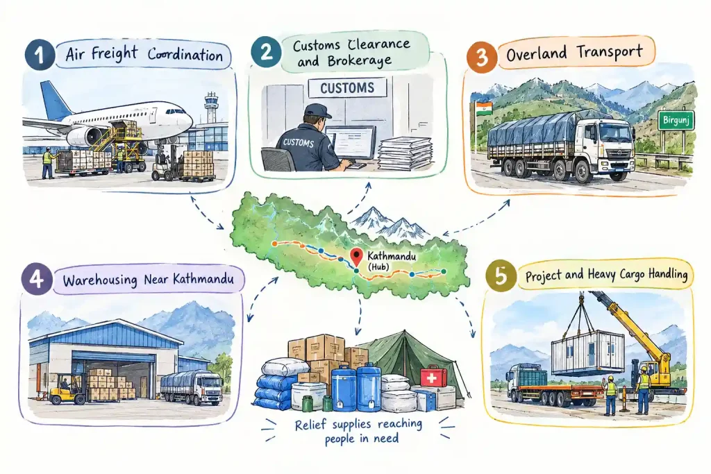 Infographic showing five stages of aid and relief logistics in Nepal, including air freight, customs clearance, overland transport, warehousing, and heavy cargo handling.