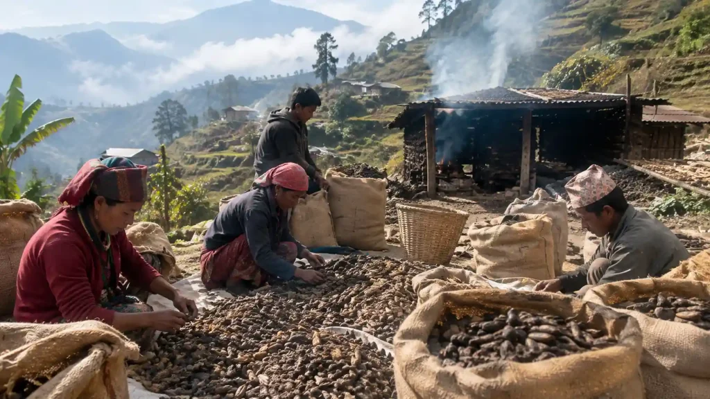 Cardamom harvest and drying process in eastern Nepal before export logistics