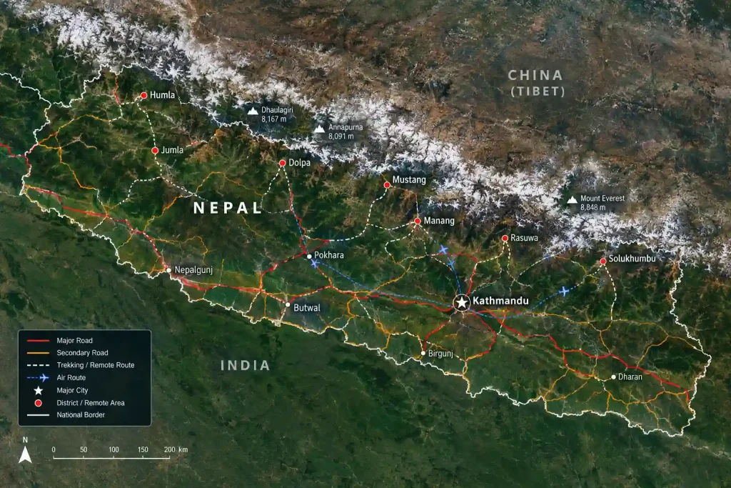 Aerial view of Nepal's mountainous terrain showing road access challenges to remote districts