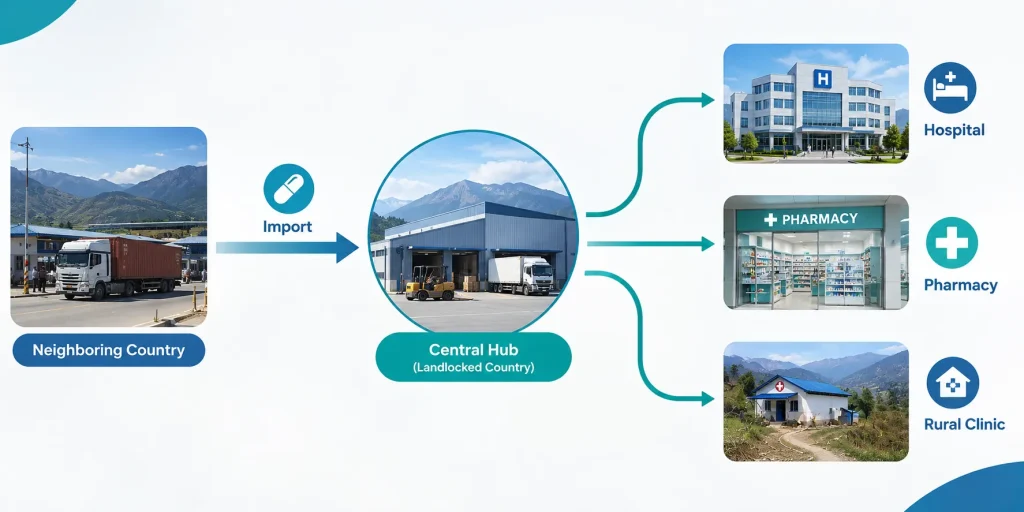 Infographic showing pharmaceutical import and distribution flow into Nepal's healthcare system